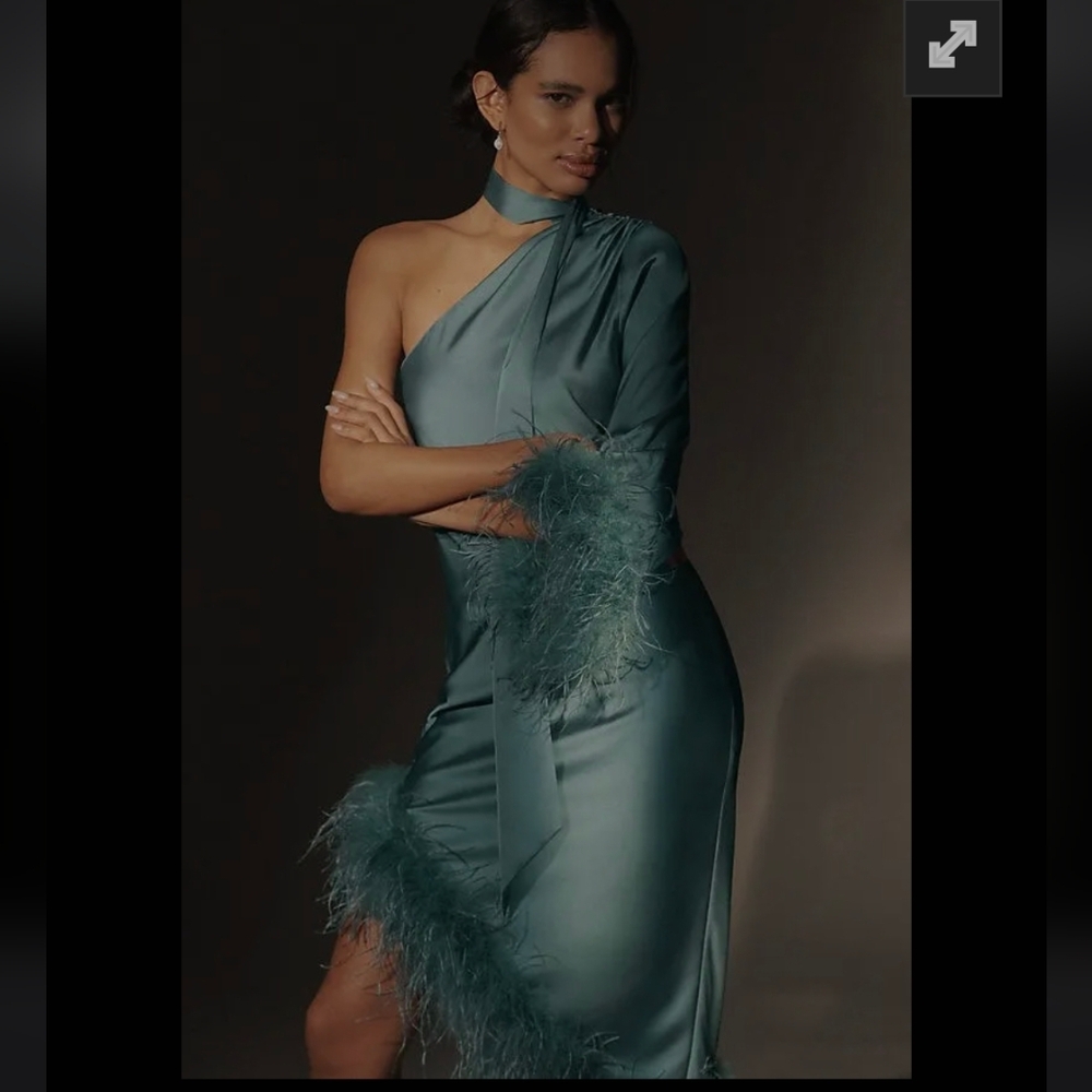 Hutch Asymmetrical Teal Dress with Feather Trim - Picture 3 of 11